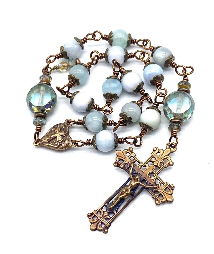 Blue Aquamarine Gemstone Wire Wrapped Catholic Heirloom Travel Rosary