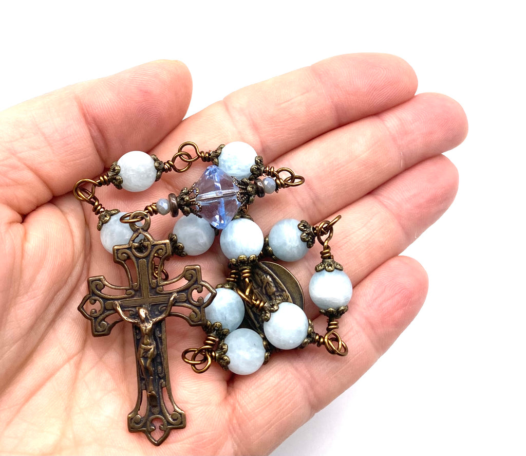 Blue Aquamarine Matte Gemstone Wire Wrapped Catholic Heirloom Tenner Rosary