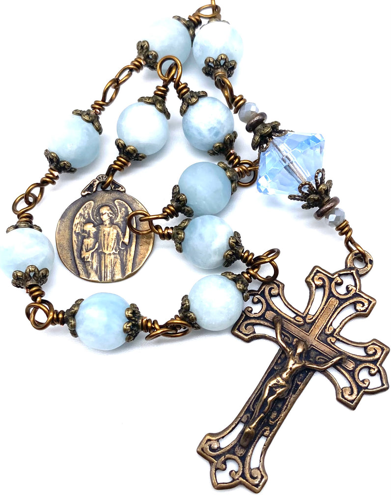 Blue Aquamarine Matte Gemstone Wire Wrapped Catholic Heirloom Tenner Rosary
