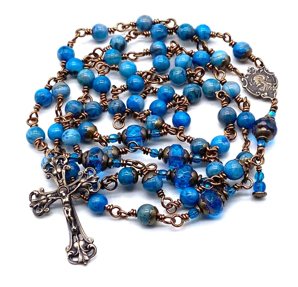 Blue Crazy Agate Wire Wrapped Gemstone Catholic Heirloom Rosary Medium