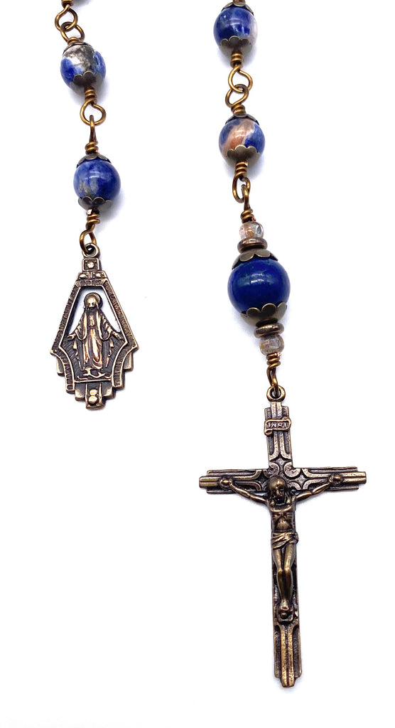 Blue Orange Sodalite Gemstone Wire Wrapped Catholic Heirloom Tenner Rosary