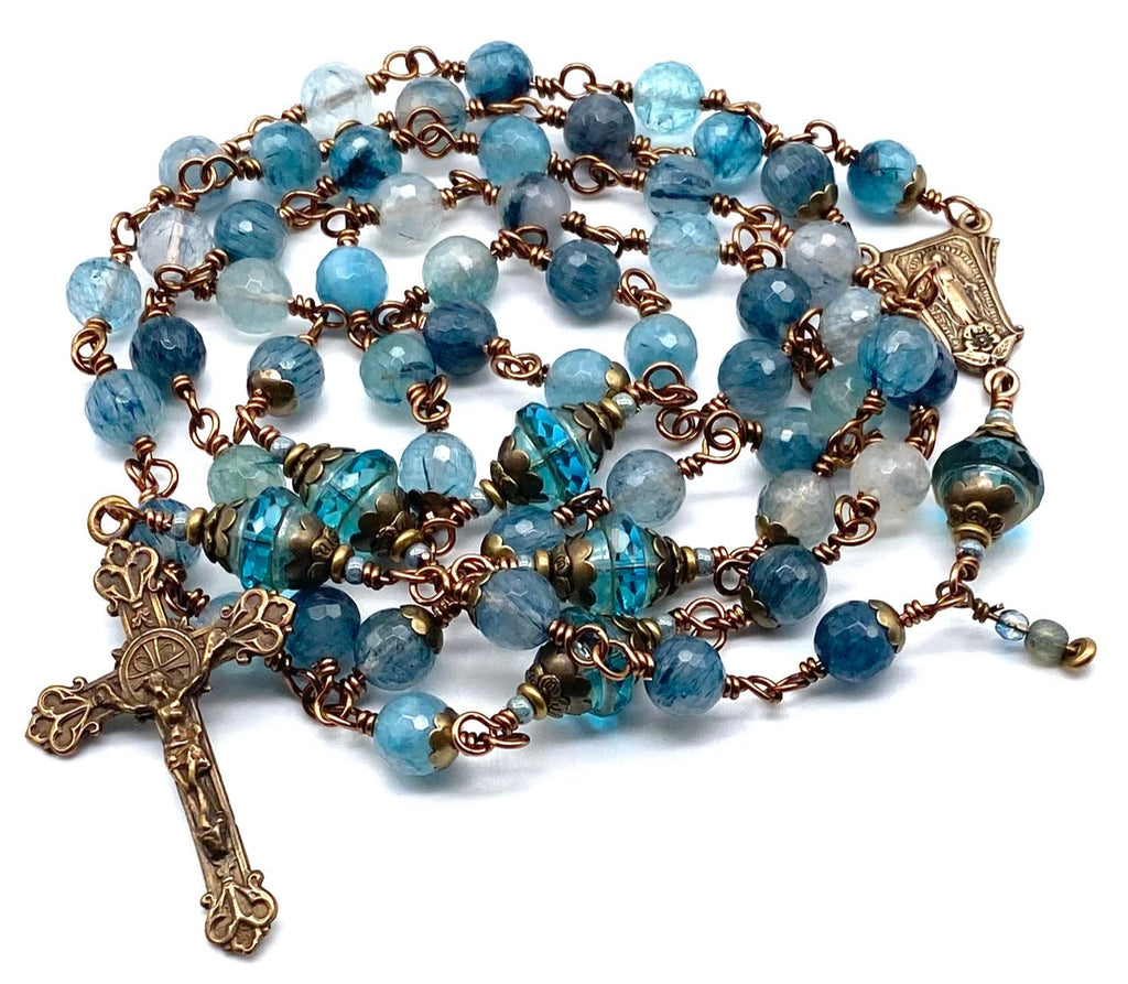 Blue Rutilated Quartz Gemstone Wire Wrapped Catholic Heirloom Rosary LARGE