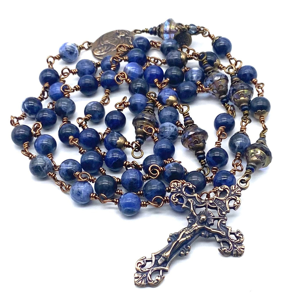 Blue Sodalite Matte Gemstone Wire Wrapped Catholic Heirloom Rosary LARGE