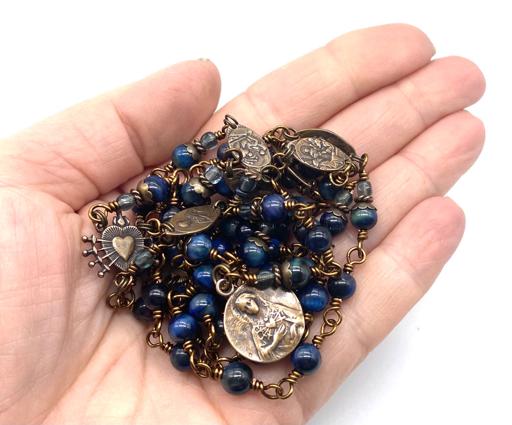 Seven Sorrows Rosary, Blue Tiger Eye Quartz Gemstone Heirloom Catholic Servite Delores Rosary Wire Wrapped Solid Bronze MEDIUM