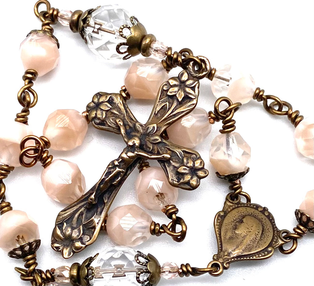 Blush Crystal Czech Wire Wrapped Catholic Heirloom Travel Rosary