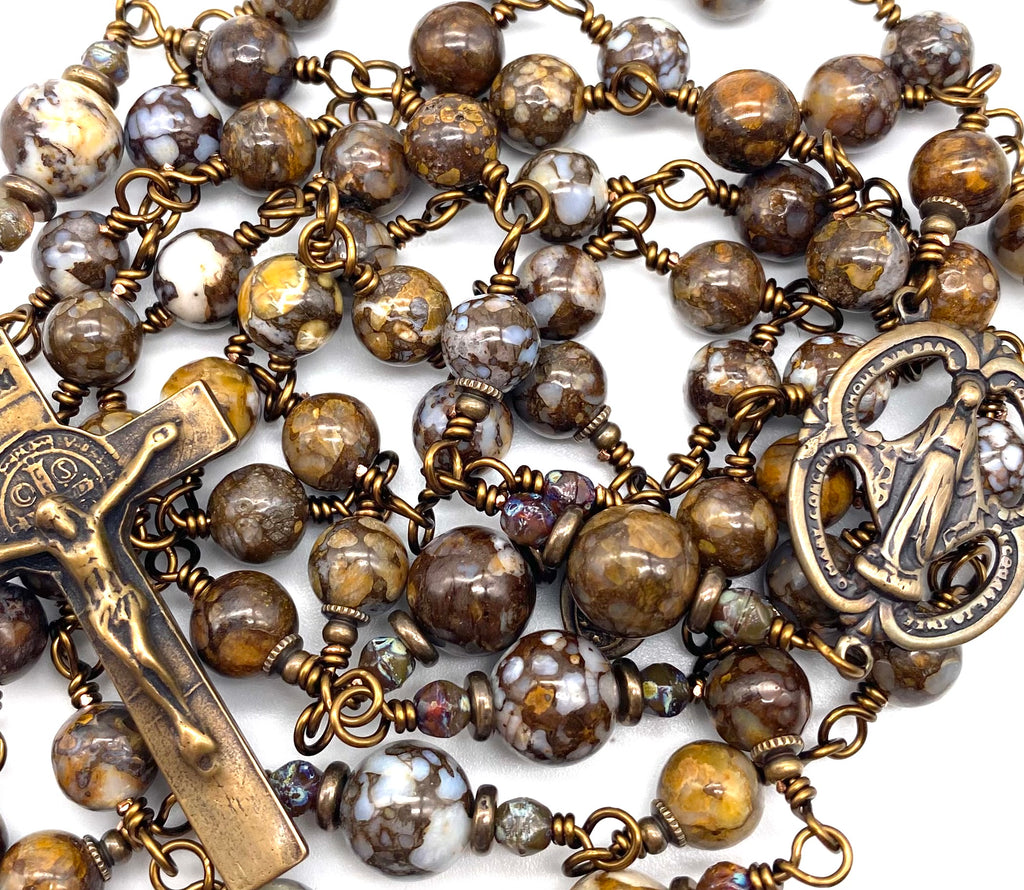 Brazilian Opal Gemstone Wire Wrapped Catholic Heirloom Rosary LARGE