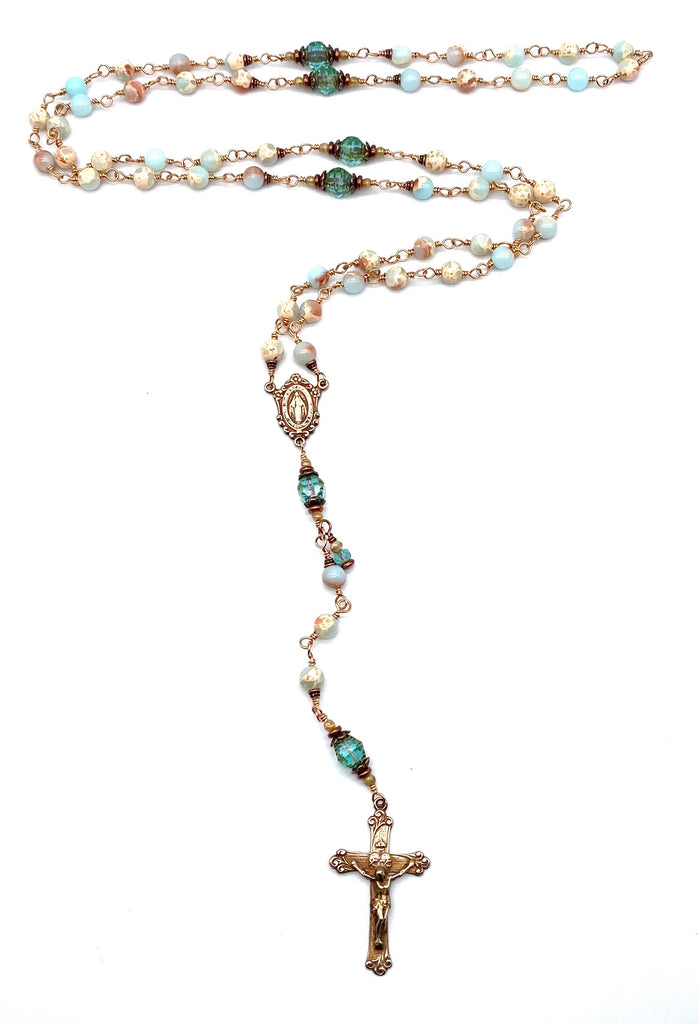 Bright Bronze Aqua Terra Jasper Gemstone Wire Wrapped Catholic Heirloom Rosary Medium