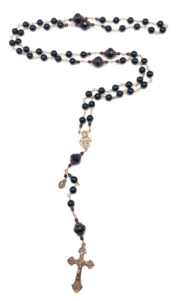 Bright Bronze Black Onyx Gemstone Wire Wrapped Catholic Heirloom Rosary LARGE
