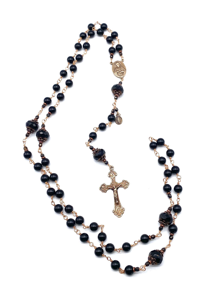 Bright Bronze Black Onyx Gemstone Wire Wrapped Catholic Heirloom Rosary LARGE