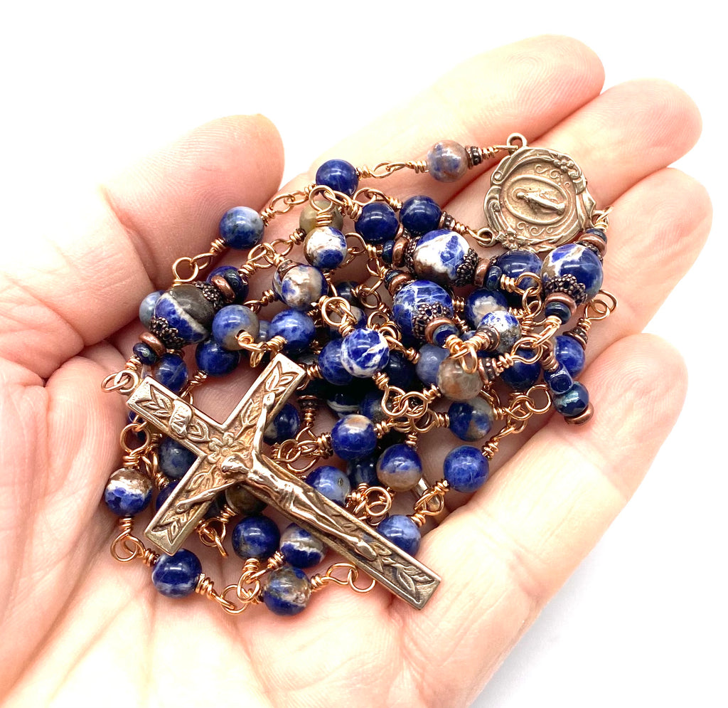 Bright Bronze Blue Orange Sodalite Gemstone Wire Wrapped Catholic Heirloom Rosary MEDIUM