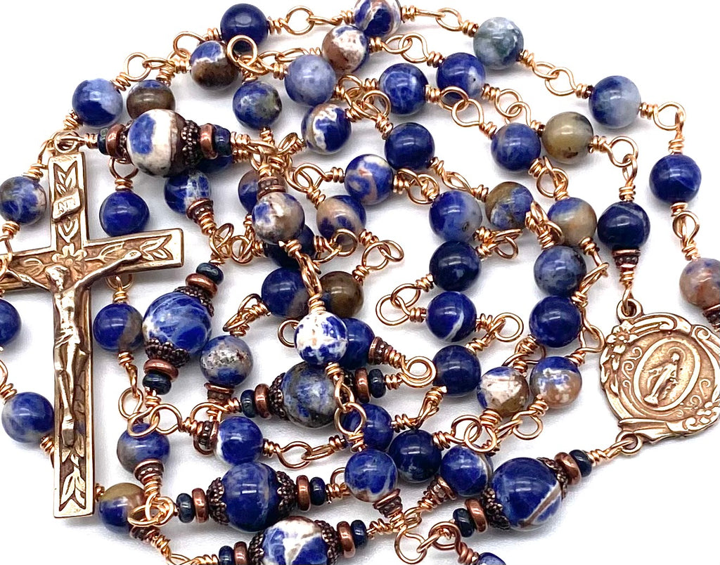 Bright Bronze Blue Orange Sodalite Gemstone Wire Wrapped Catholic Heirloom Rosary MEDIUM