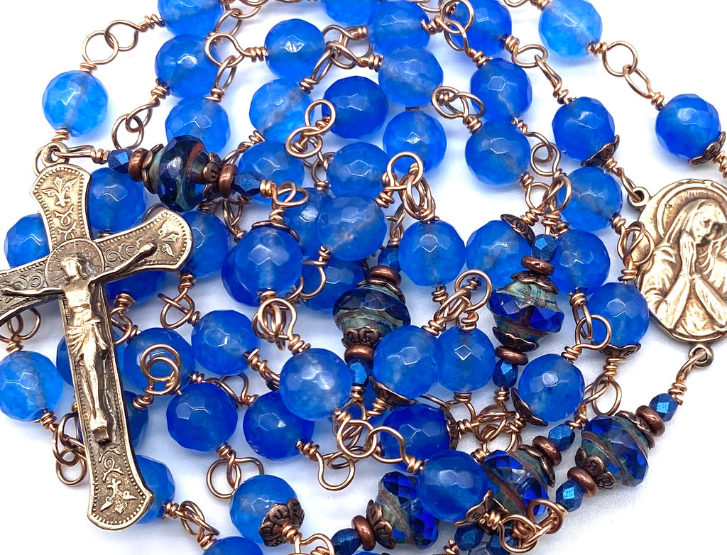 Bright Bronze Cobalt Blue Jade Wire Wrapped Catholic Heirloom Rosary Large