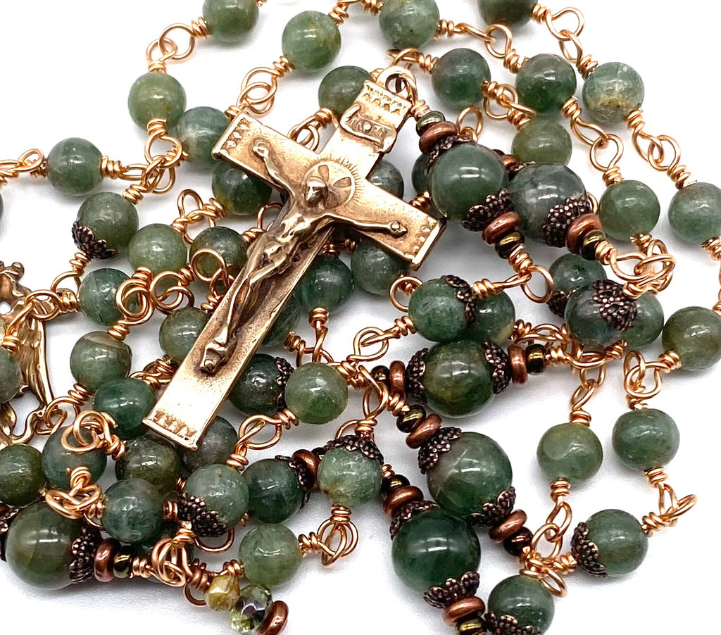 Bright Bronze Green Apatite Gemstone Wire Wrapped Catholic Heirloom Rosary MEDIUM