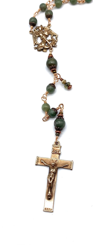 Bright Bronze Green Apatite Gemstone Wire Wrapped Catholic Heirloom Rosary MEDIUM