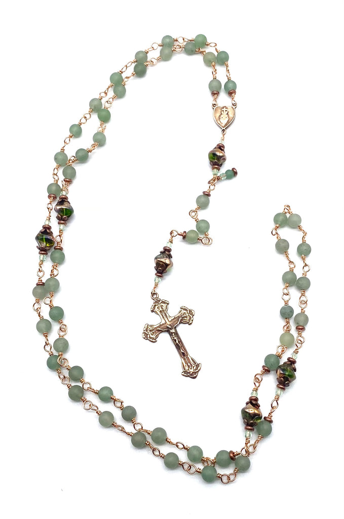 Bright Bronze Green Aventurine Matte Gemstone Wire Wrapped Catholic Heirloom Rosary Medium