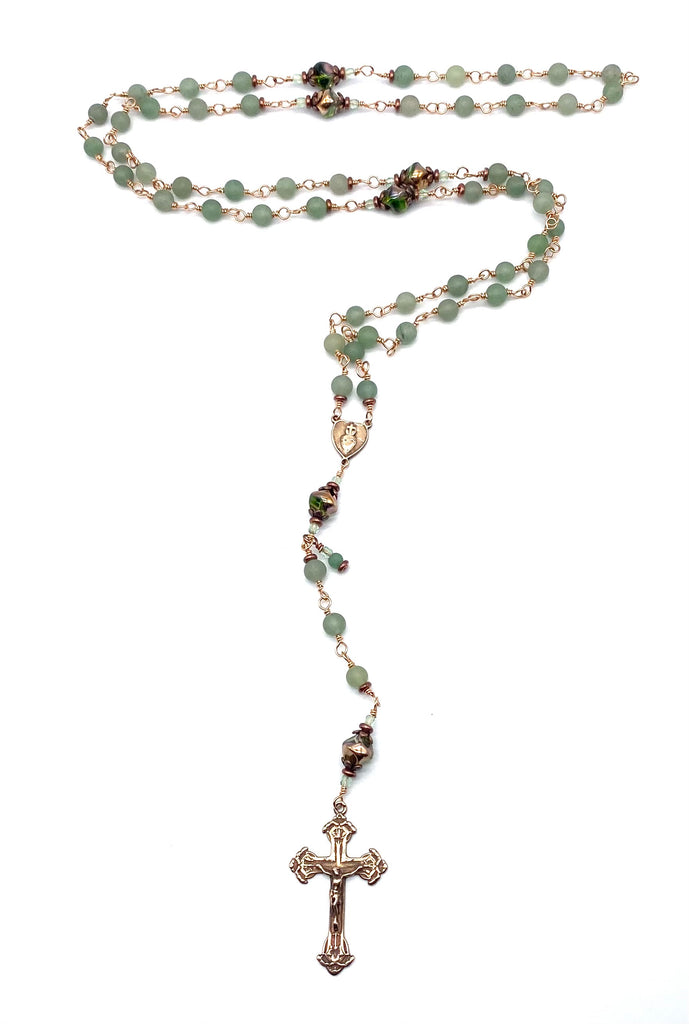 Bright Bronze Green Aventurine Matte Gemstone Wire Wrapped Catholic Heirloom Rosary Medium