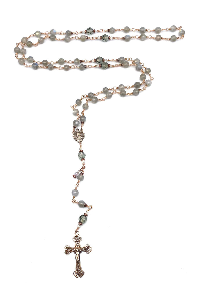 "Bright Bronze" Grey Labradorite Gemstone Wire Wrapped Catholic Heirloom Rosary Medium