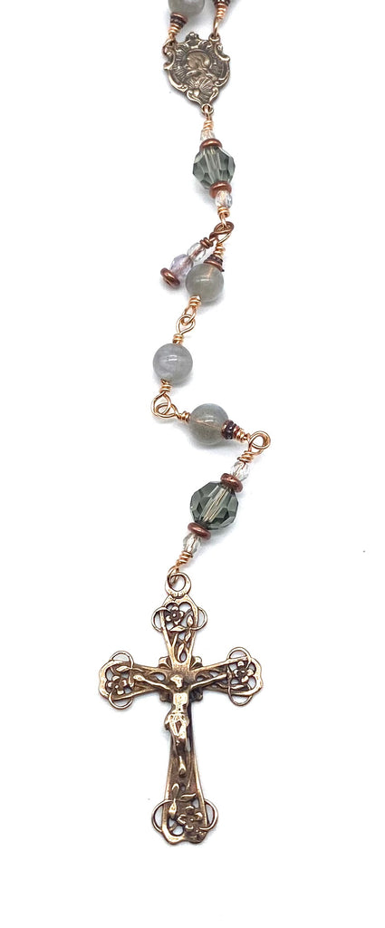 "Bright Bronze" Grey Labradorite Gemstone Wire Wrapped Catholic Heirloom Rosary Medium