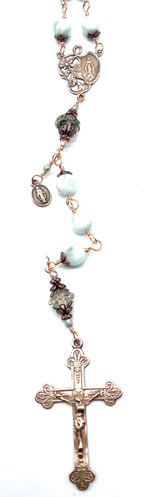Bright Bronze Mint Green Moonstone Gemstone Wire Wrapped Catholic Heirloom Rosary Large