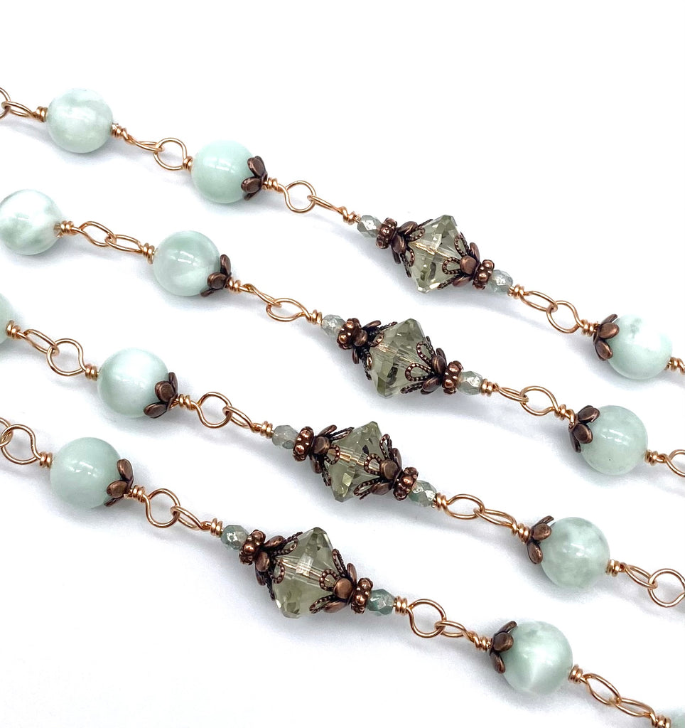 Bright Bronze Mint Green Moonstone Gemstone Wire Wrapped Catholic Heirloom Rosary Large