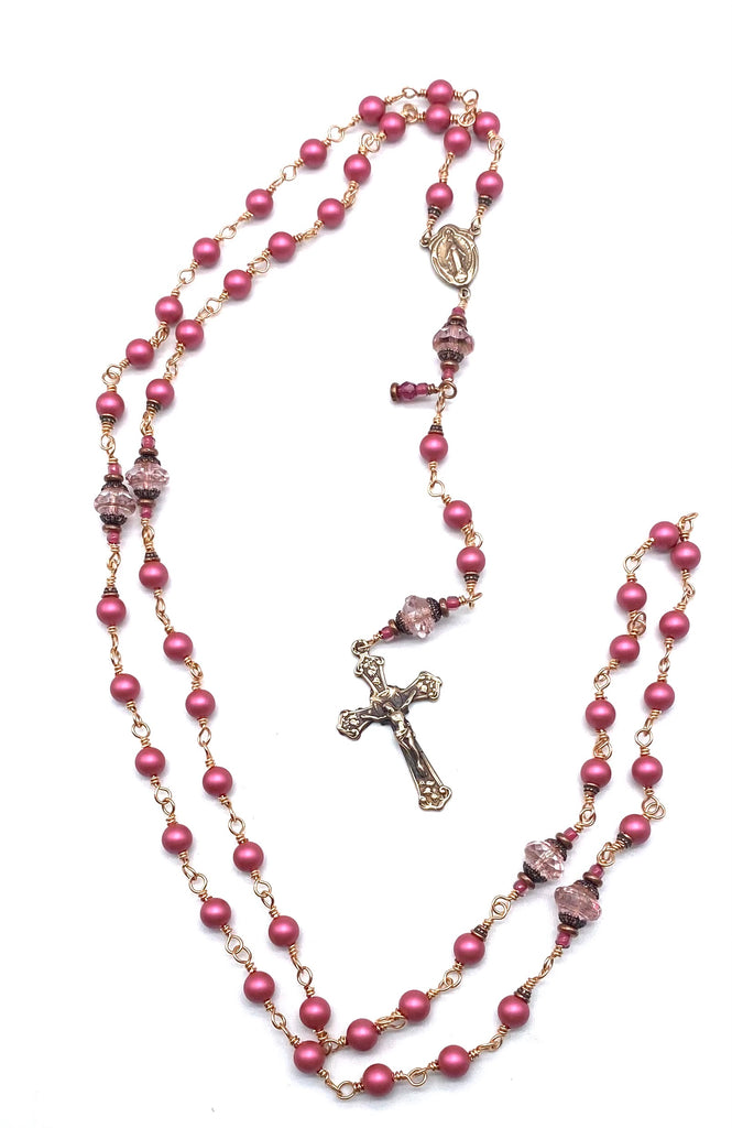 Bright Bronze Mulberry Swarovski Pearl Wire Wrapped Catholic Heirloom Rosary MEDIUM