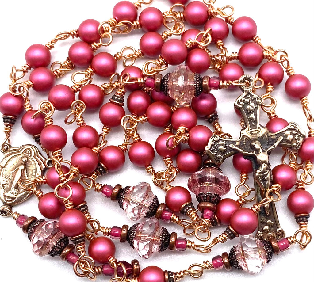 Bright Bronze Mulberry Swarovski Pearl Wire Wrapped Catholic Heirloom Rosary MEDIUM