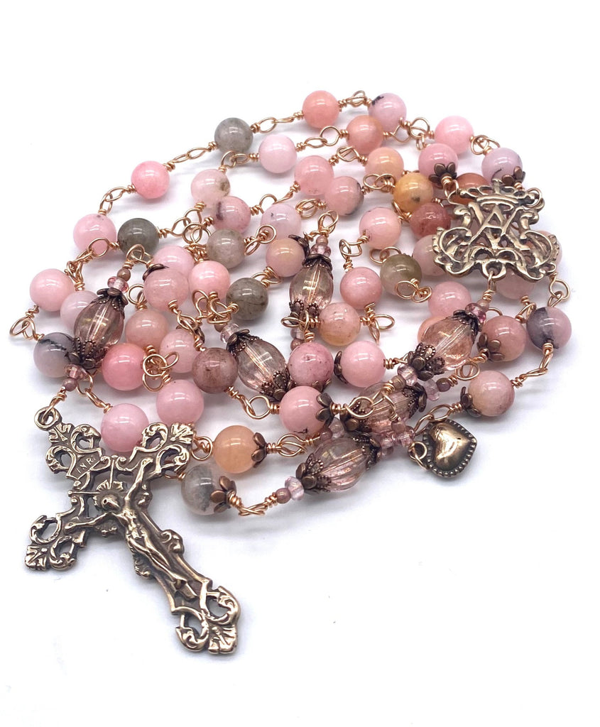 Bright Bronze Natural Pink Opal Gemstone Wire Wrapped Catholic Heirloom Rosary Large