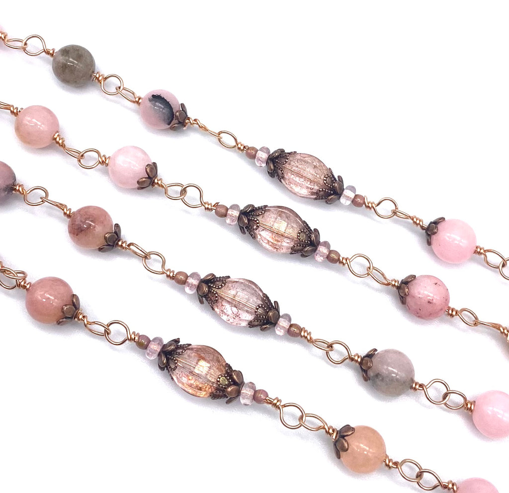 Bright Bronze Natural Pink Opal Gemstone Wire Wrapped Catholic Heirloom Rosary Large