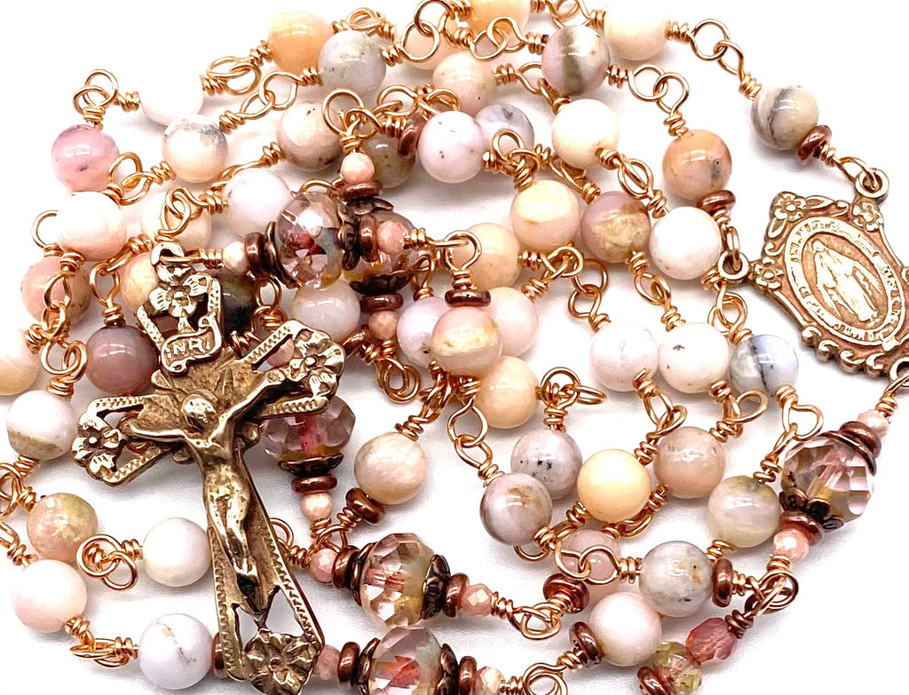 Bright Bronze Natural Opal Matte Gemstone Wire Wrapped Catholic Heirloom Rosary Medium