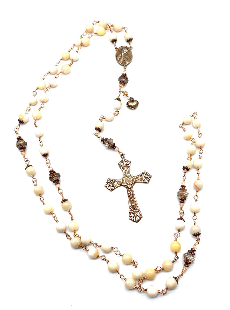 Bright Bronze Natural Yellow Jade Gemstone Wire Wrapped Catholic Heirloom Rosary LARGE