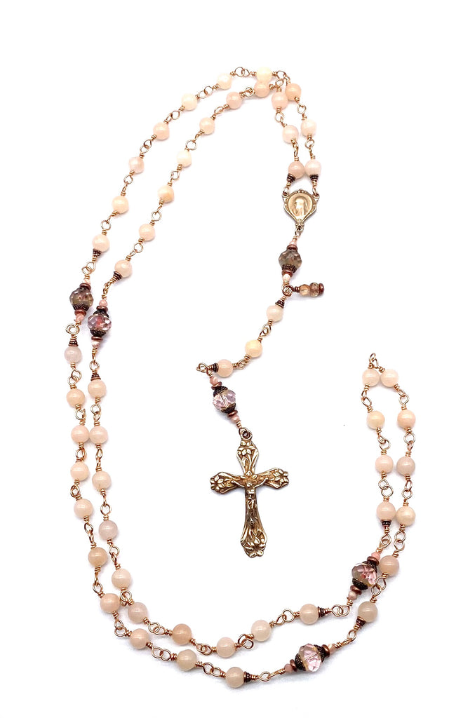 Bright Bronze Peachy Chalcedony Gemstone Wire Wrapped Catholic Heirloom Rosary Medium