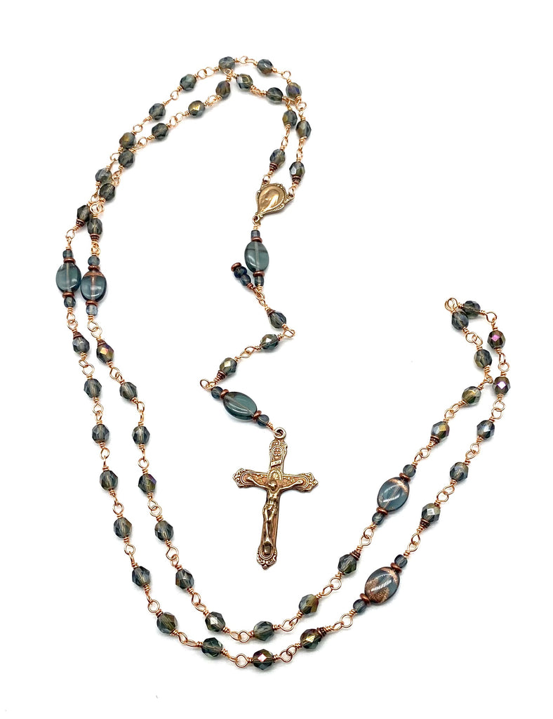 Bright Bronze Twilight Montana Blue Czech Glass Wire Wrapped Catholic Heirloom Rosary MEDIUM
