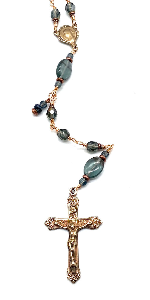 Bright Bronze Twilight Montana Blue Czech Glass Wire Wrapped Catholic Heirloom Rosary MEDIUM