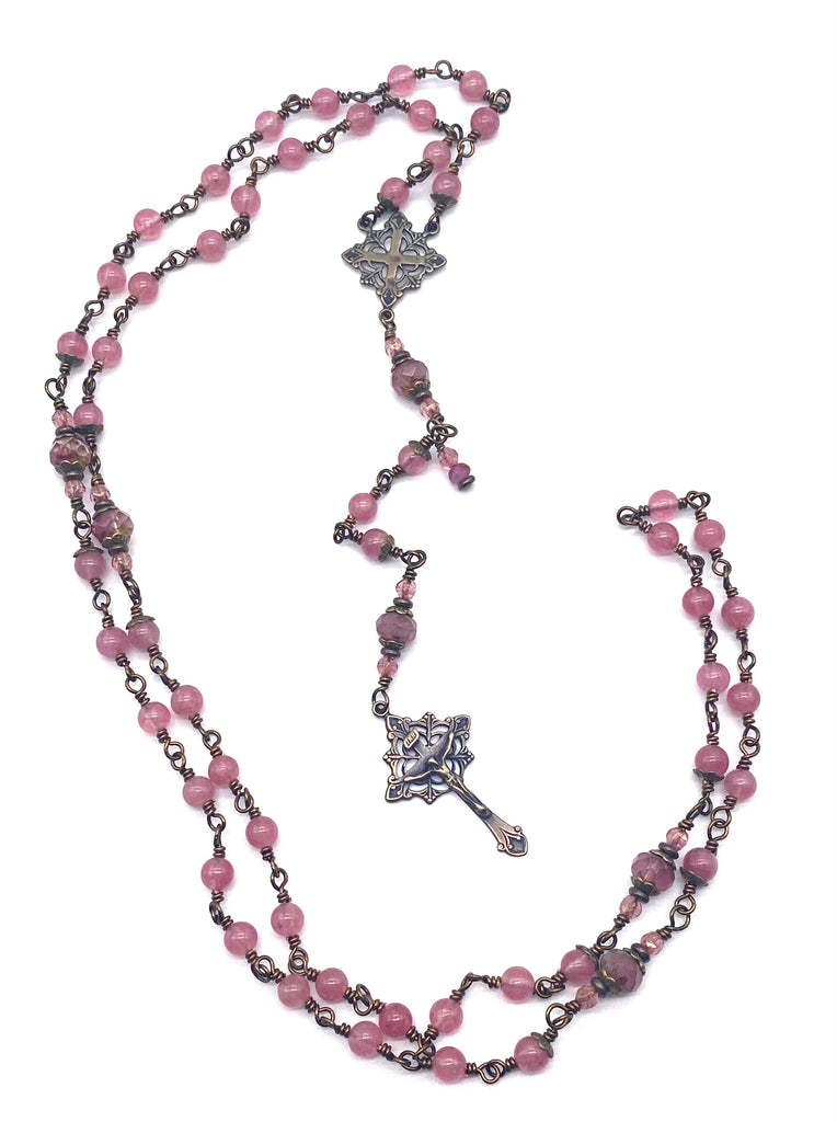 Bright Pink Jade Gemstone Catholic Heirloom Rosary Medium