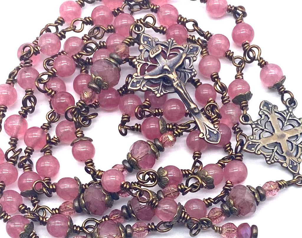 Bright Pink Jade Gemstone Catholic Heirloom Rosary Medium