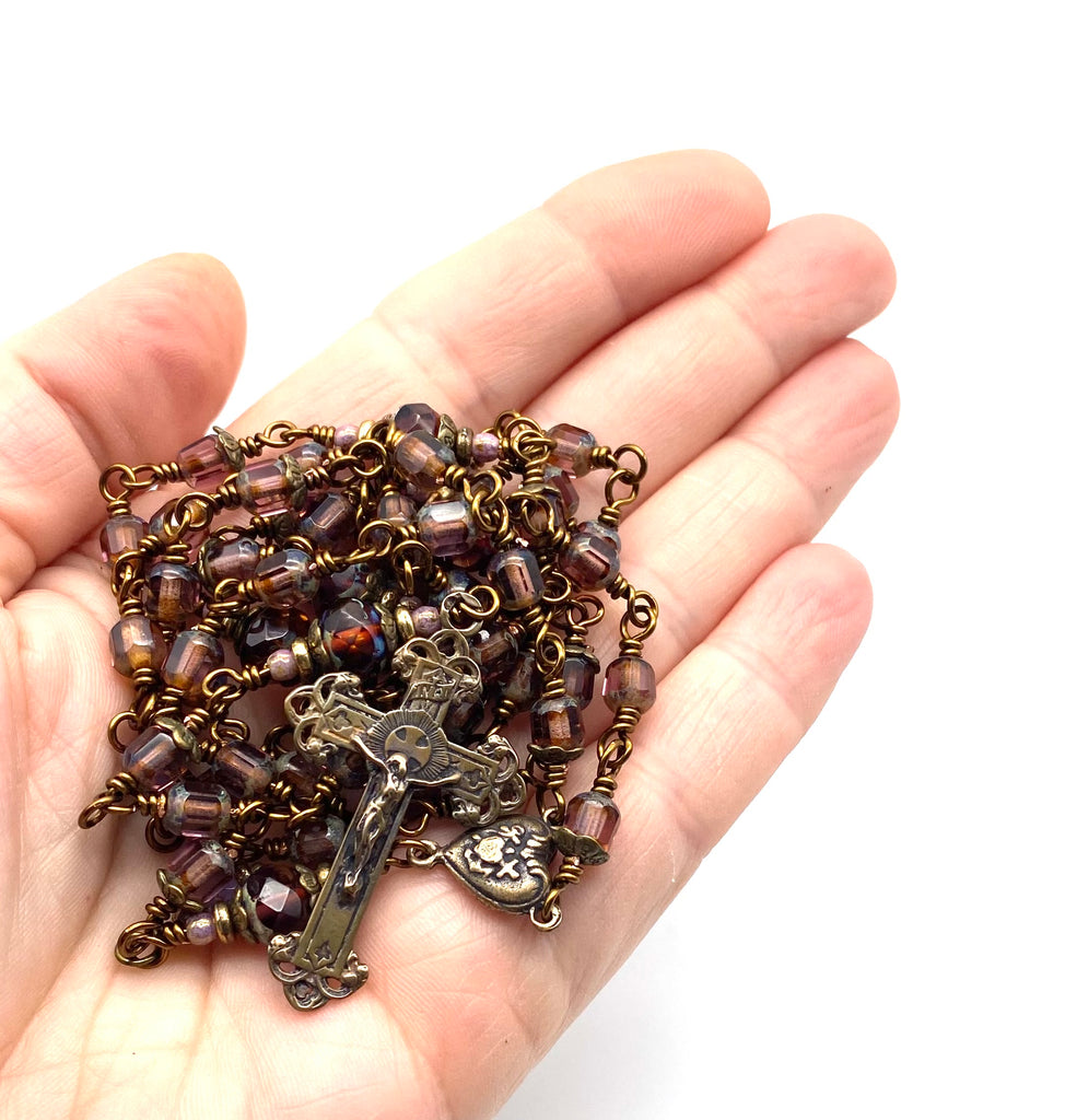 Bronzed Amethyst Czech Glass Wire Wrapped Catholic Heirloom Rosary Medium