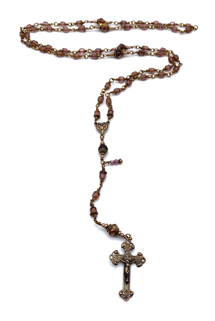 Bronzed Amethyst Czech Glass Wire Wrapped Catholic Heirloom Rosary Medium