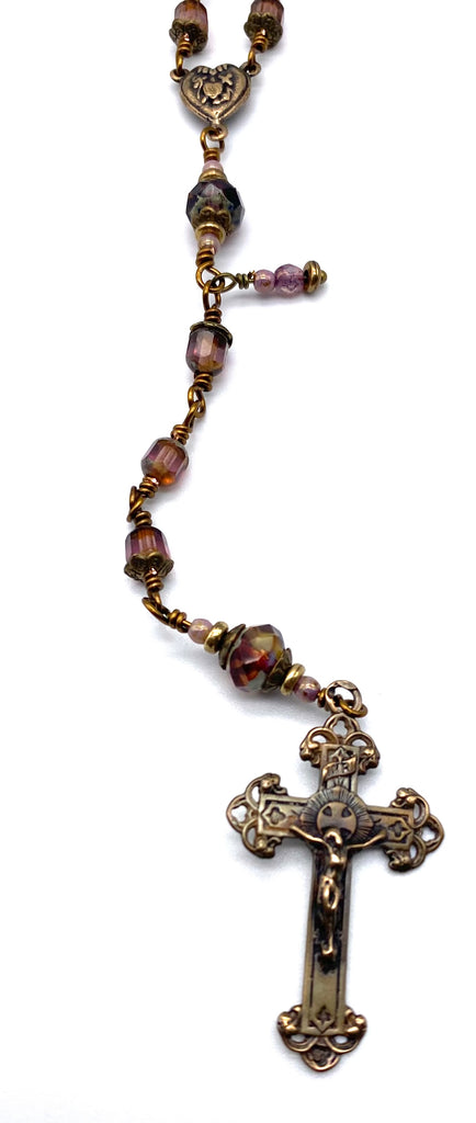 Bronzed Amethyst Czech Glass Wire Wrapped Catholic Heirloom Rosary Medium