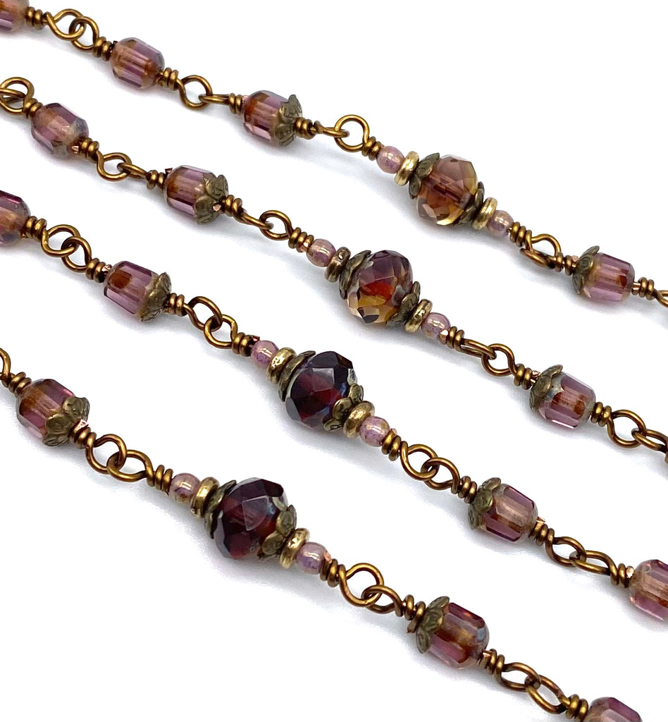 Bronzed Amethyst Czech Glass Wire Wrapped Catholic Heirloom Rosary Medium