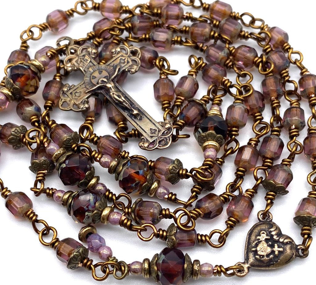 Bronzed Amethyst Czech Glass Wire Wrapped Catholic Heirloom Rosary Medium