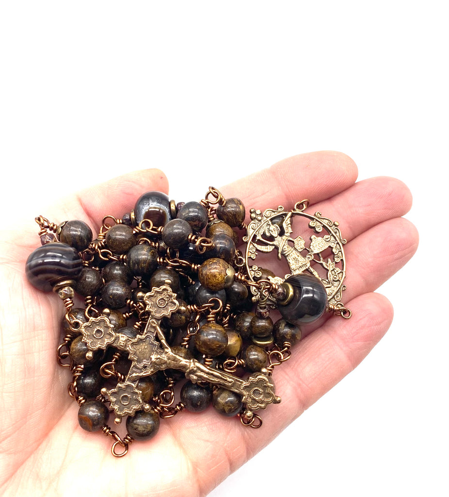 Bronzite Gemstone Wire Wrapped Catholic Heirloom Rosary LARGE