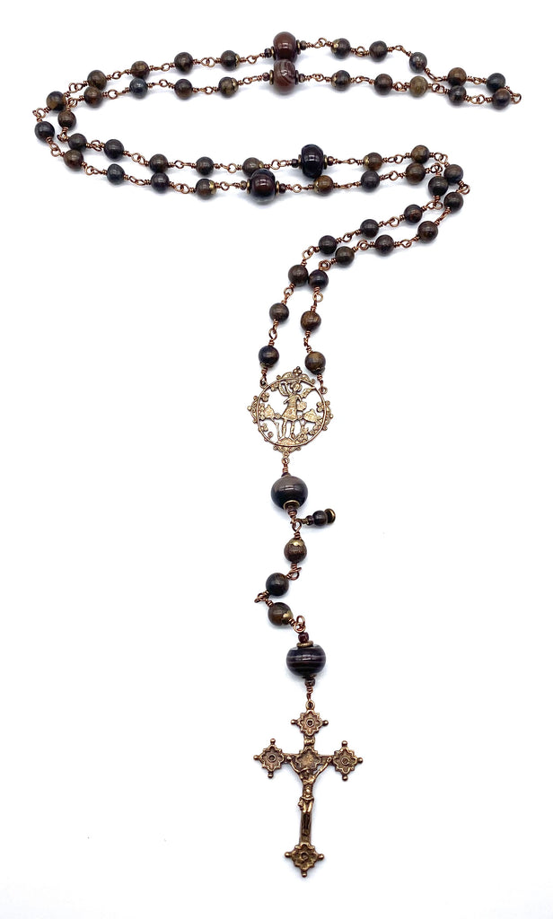 Bronzite Gemstone Wire Wrapped Catholic Heirloom Rosary LARGE