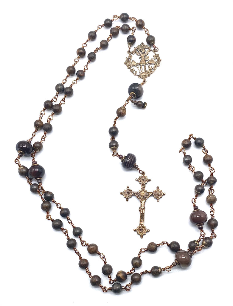 Bronzite Gemstone Wire Wrapped Catholic Heirloom Rosary LARGE