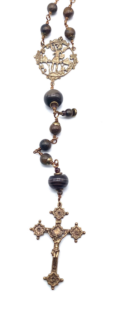 Bronzite Gemstone Wire Wrapped Catholic Heirloom Rosary LARGE