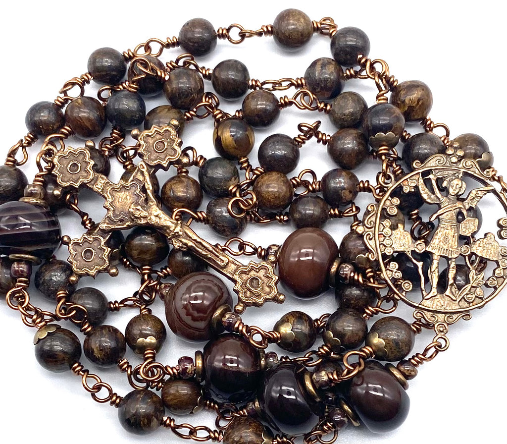 Bronzite Gemstone Wire Wrapped Catholic Heirloom Rosary LARGE