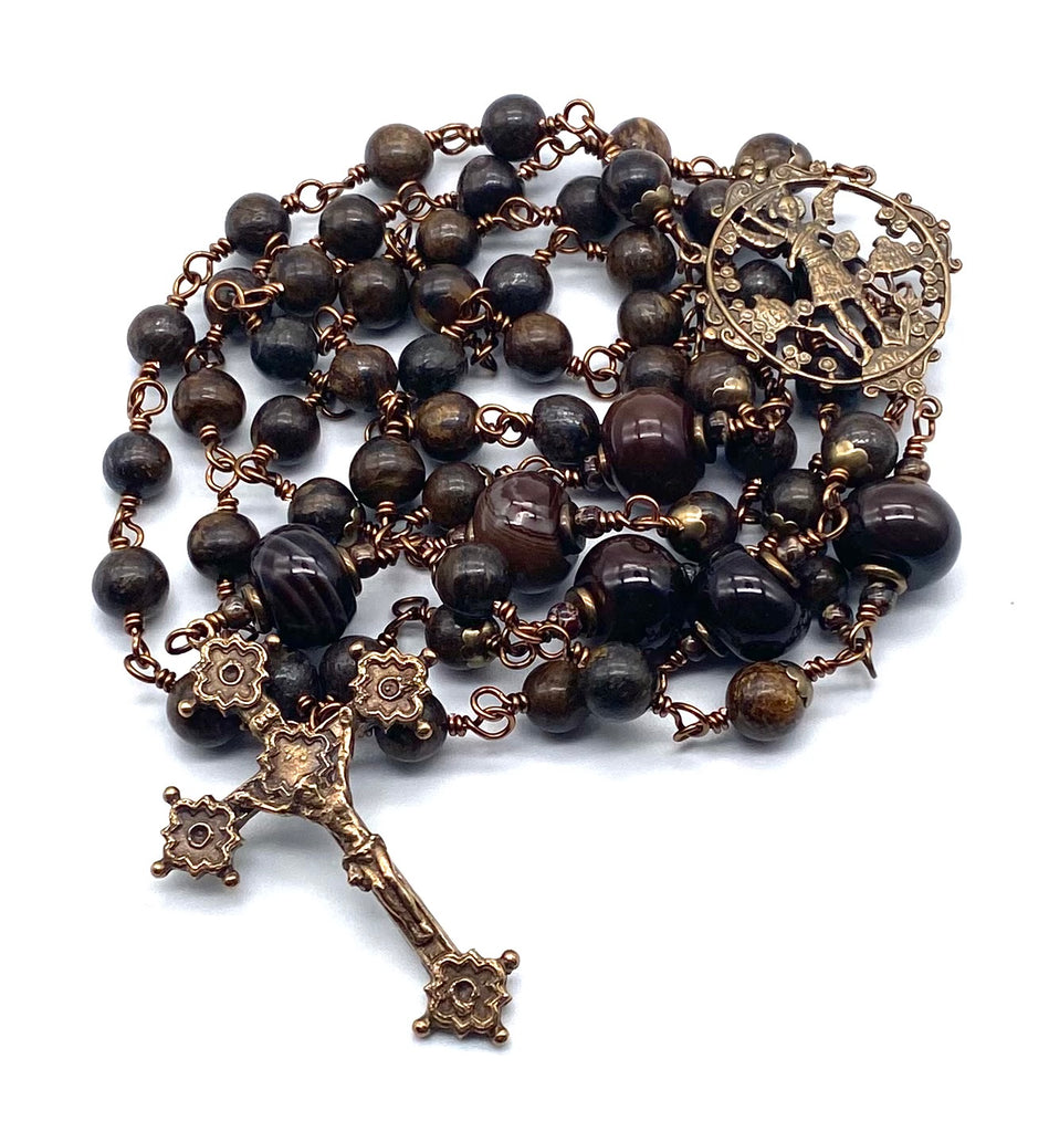 Bronzite Gemstone Wire Wrapped Catholic Heirloom Rosary LARGE