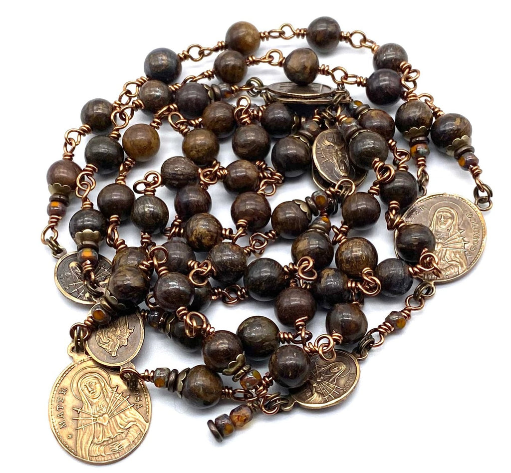 Bronzite Gemstone Catholic Heirloom Rosary of the Seven Sorrows LARGE