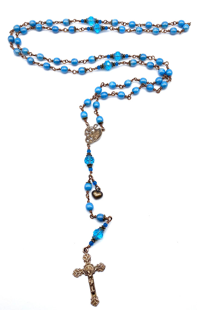 Capri Blue Czech Glass Wire Wrapped Catholic Heirloom Rosary LARGE
