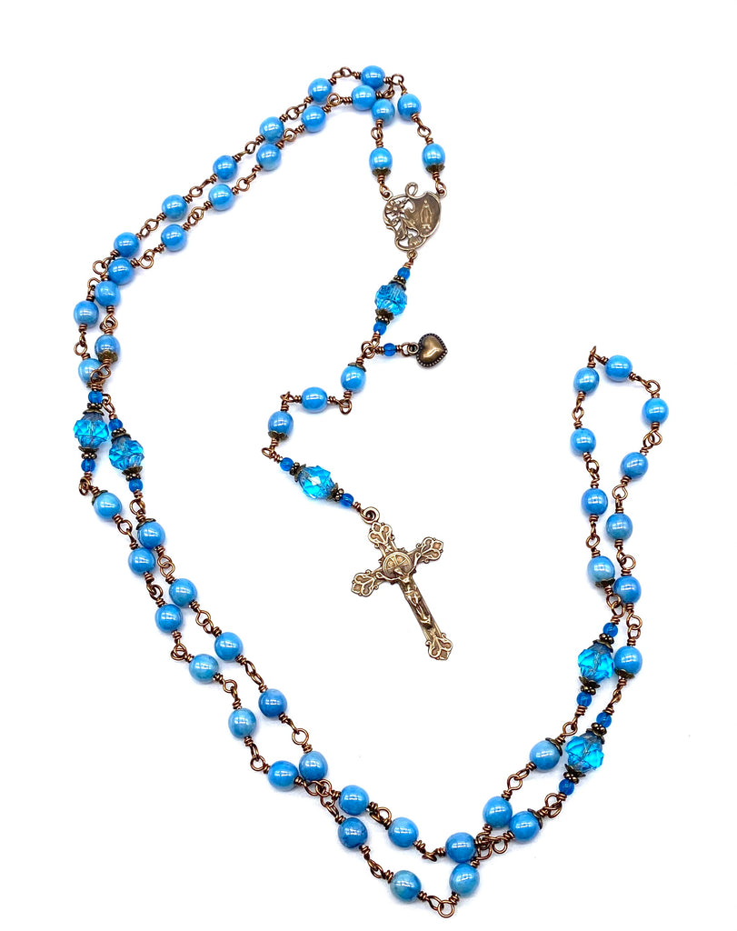 Capri Blue Czech Glass Wire Wrapped Catholic Heirloom Rosary LARGE