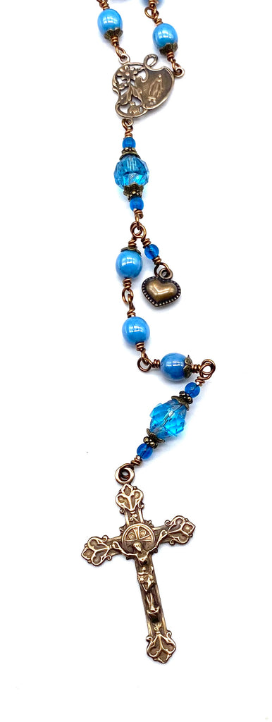 Capri Blue Czech Glass Wire Wrapped Catholic Heirloom Rosary LARGE